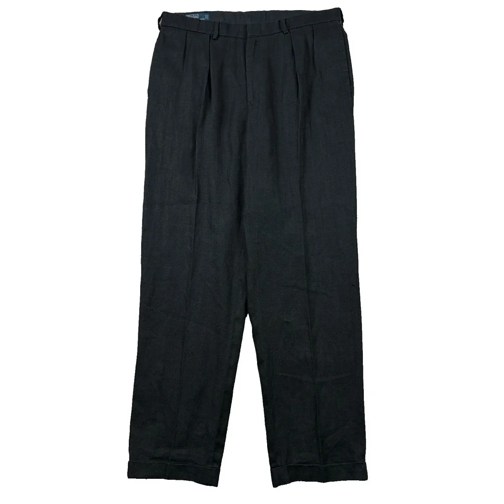 Polo Ralph Lauren Pants Mens 36x34 Black 100% Linen Pleated Cuffed High Rise Vtg